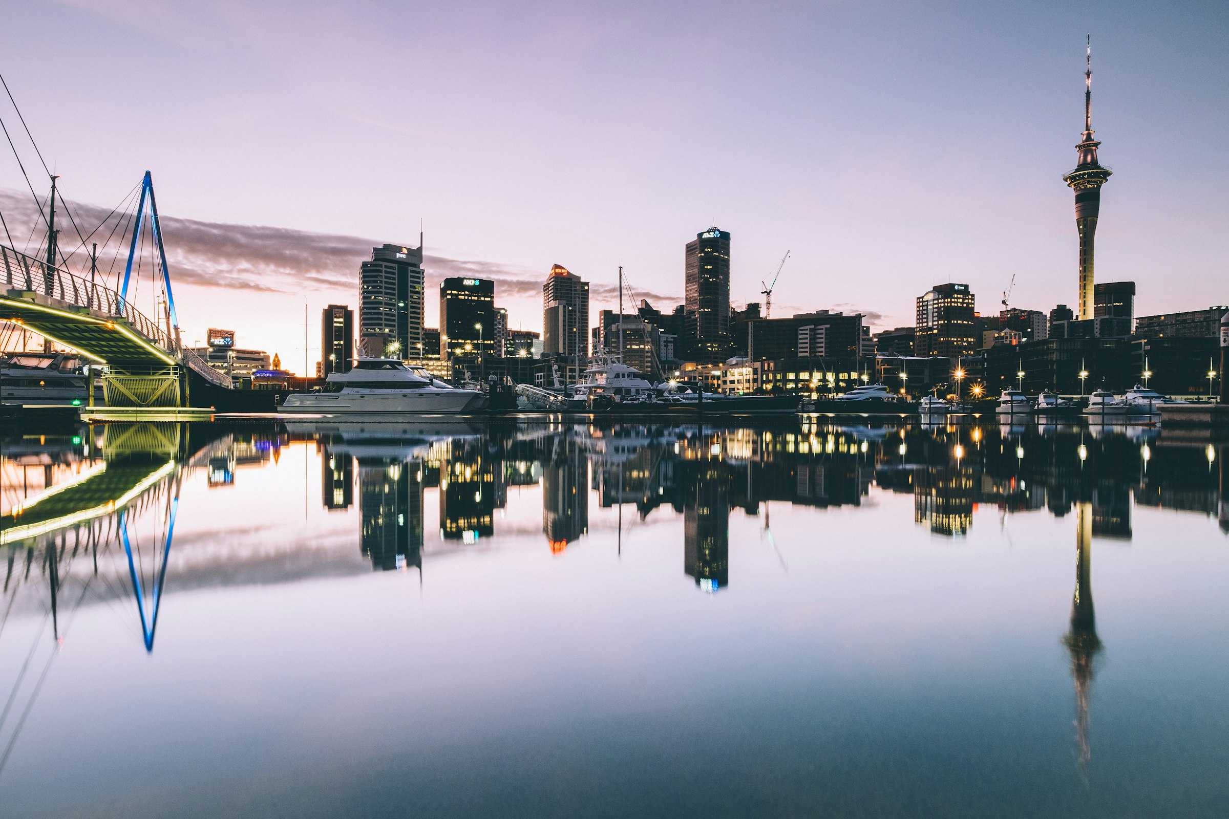 The Viaduct Harbour and Wynyard Crossing at first light. The course loops past here at about 20.0 km. Photograph: Dan Freeman, Unsplash.