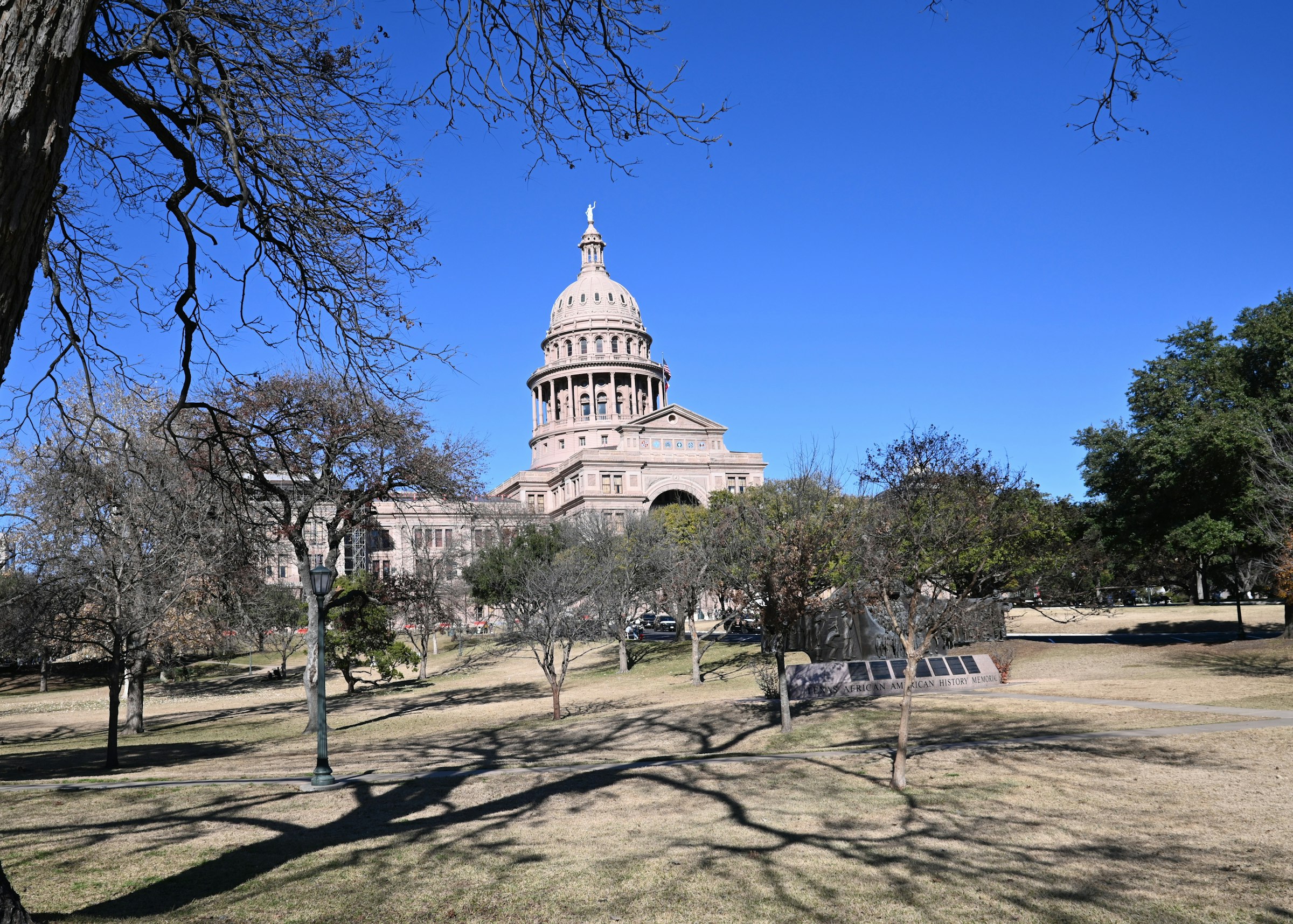The domed Texas State Capitol behind bare trees and a sunlit lawn, under a deep blue sky.