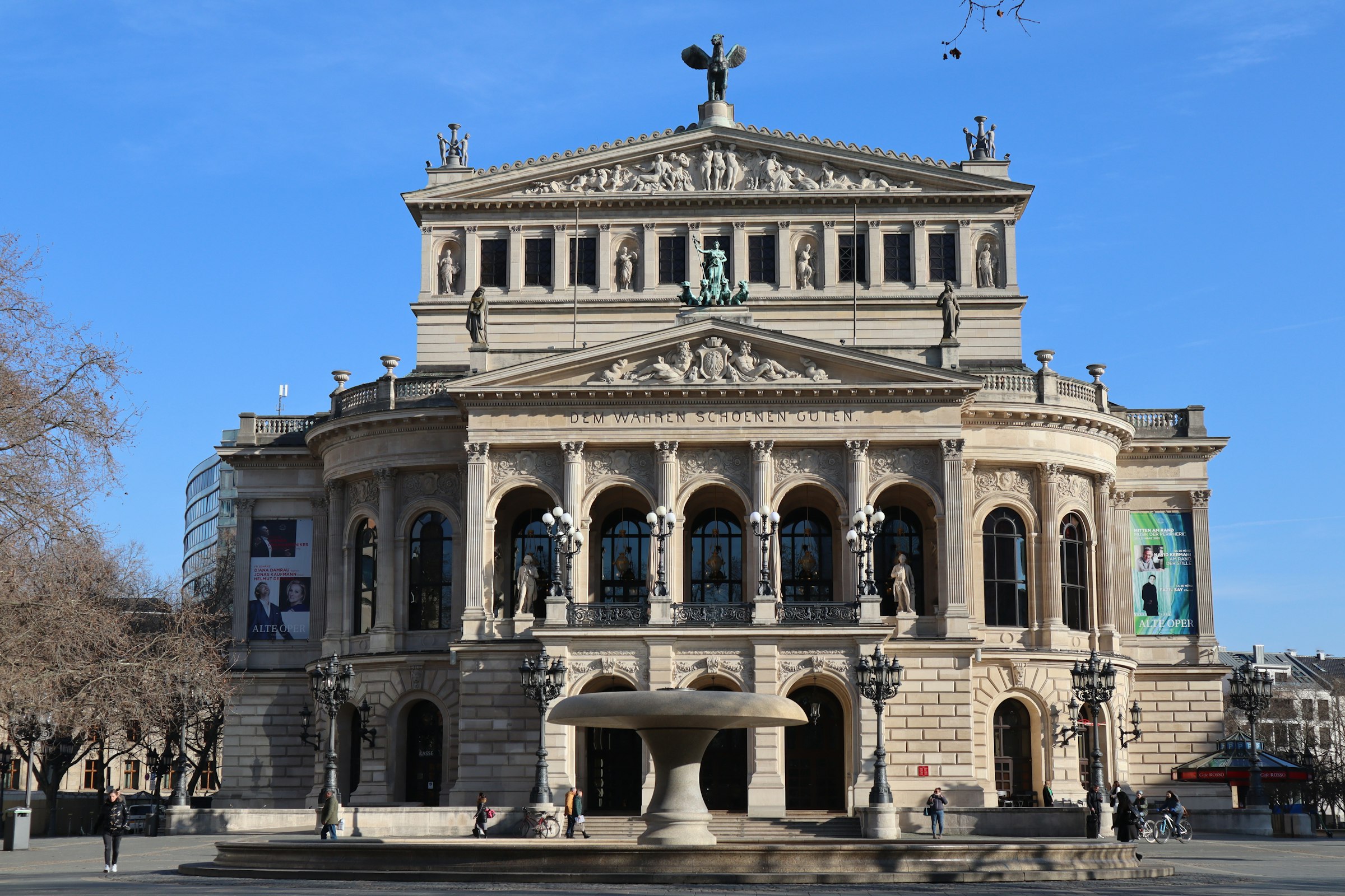 The Alte Oper, Frankfurt's nineteenth-century opera house, with a fountain in front of it.