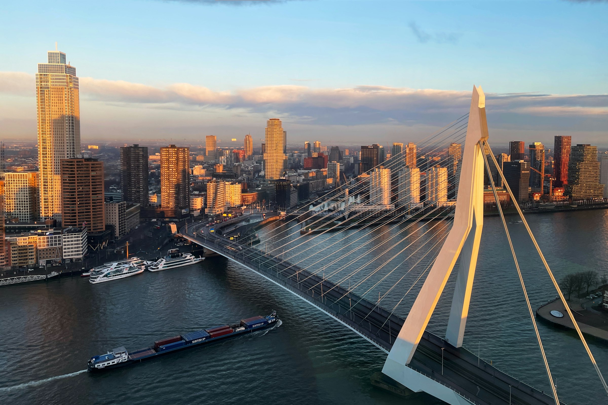 The Erasmus Bridge from above, with the city centre beyond. Both crossings are drawn as straight lines, because the elevation model has no reading for the deck. Photograph: Julienne Van Kempen, Unsplash.