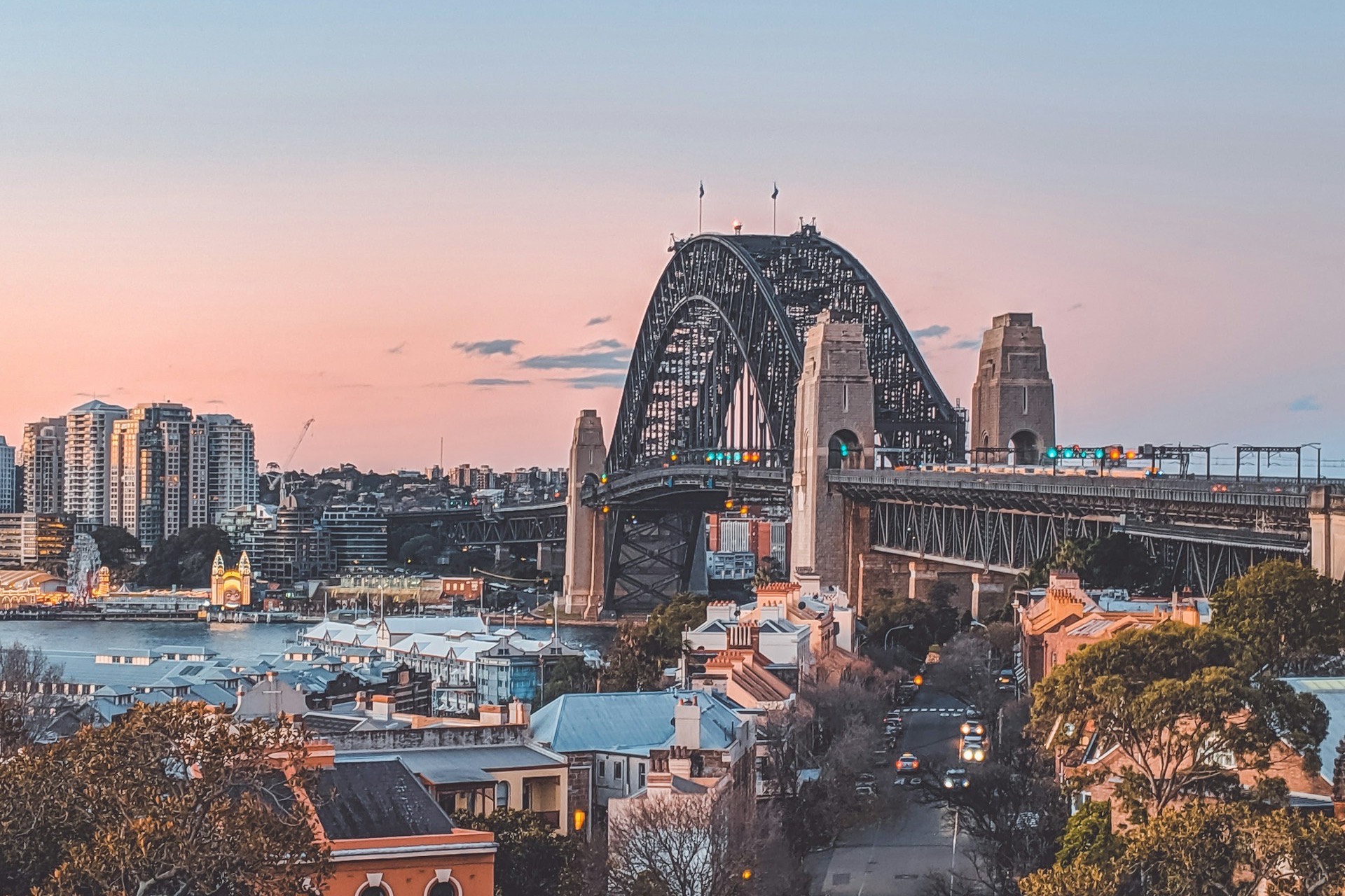 The Harbour Bridge and the city behind it. The course crosses at about 2.3 km and comes back under the southern approach at 11.8 km. Photograph: Leigh, Unsplash.